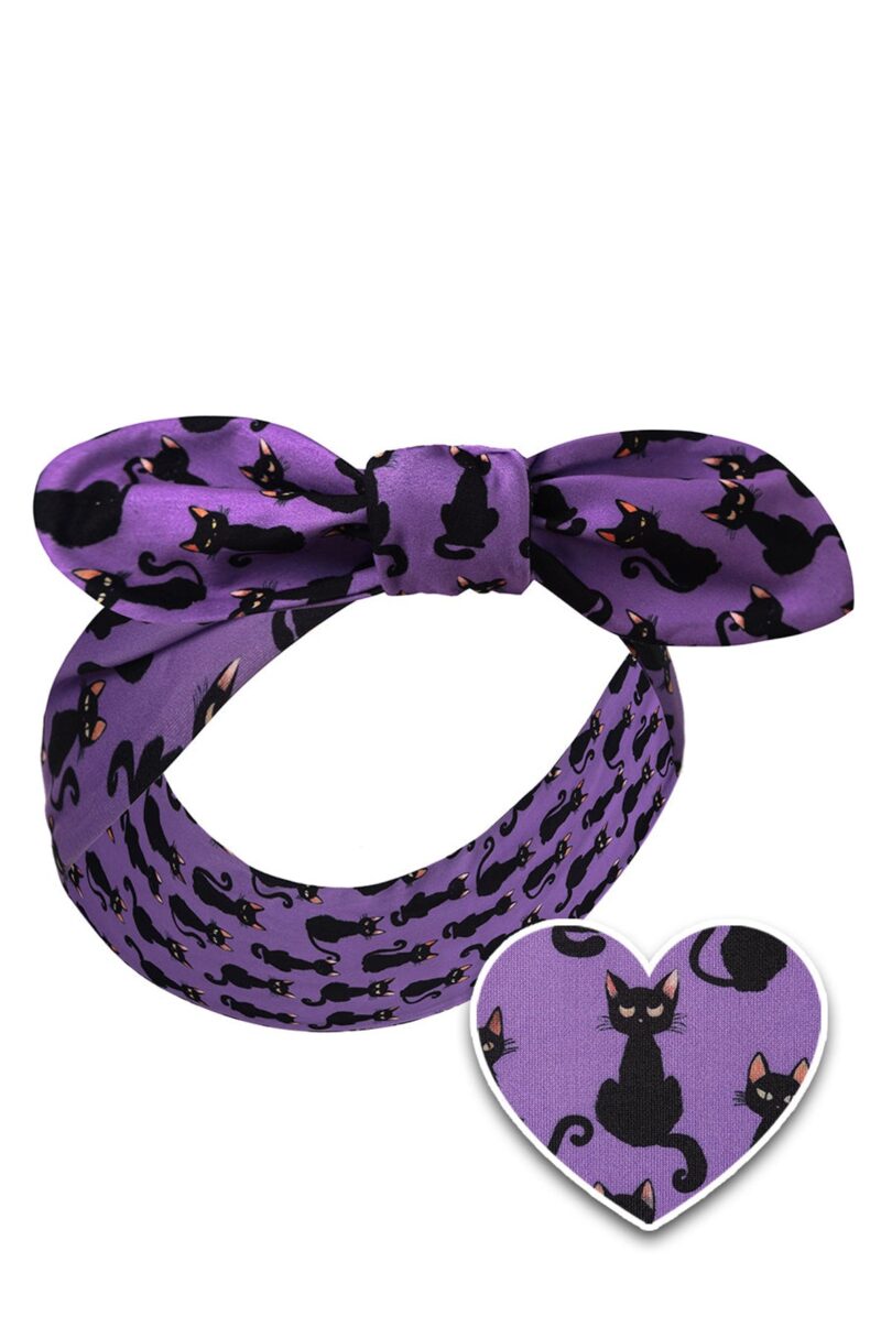 50's Inspired Quirky Headband in Purple Black Cat Print  Shop now at Kitty Darling