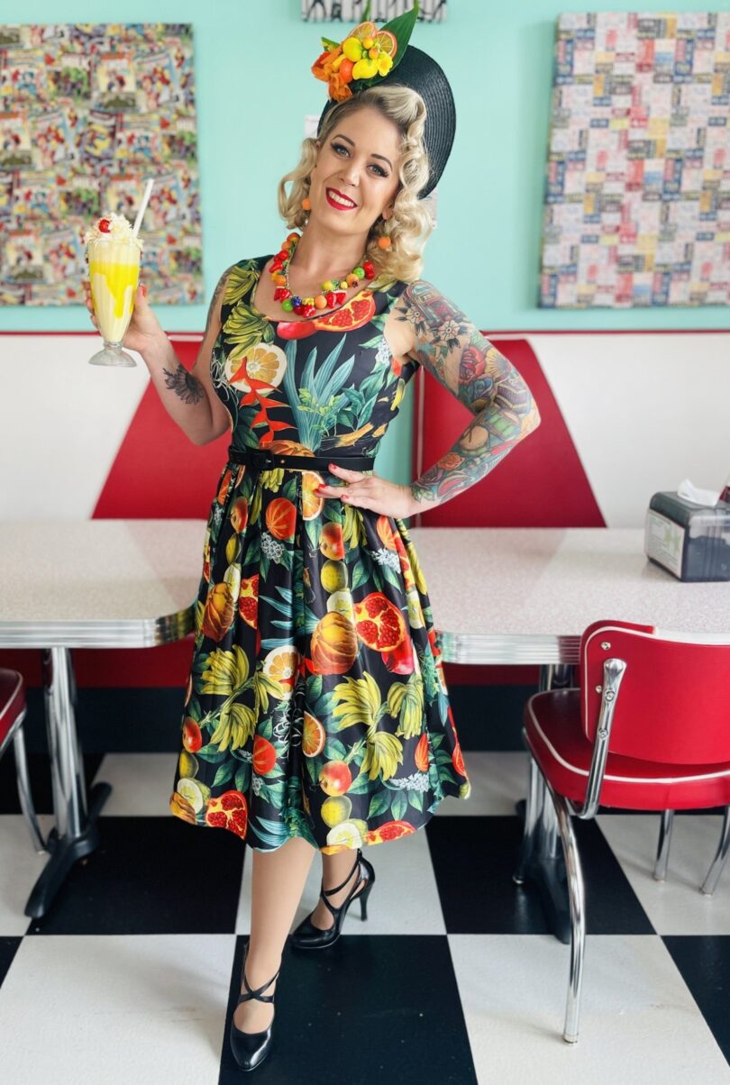 Amanda Tropical Summer Fruit Print Swing Dress  Shop now at Kitty Darling