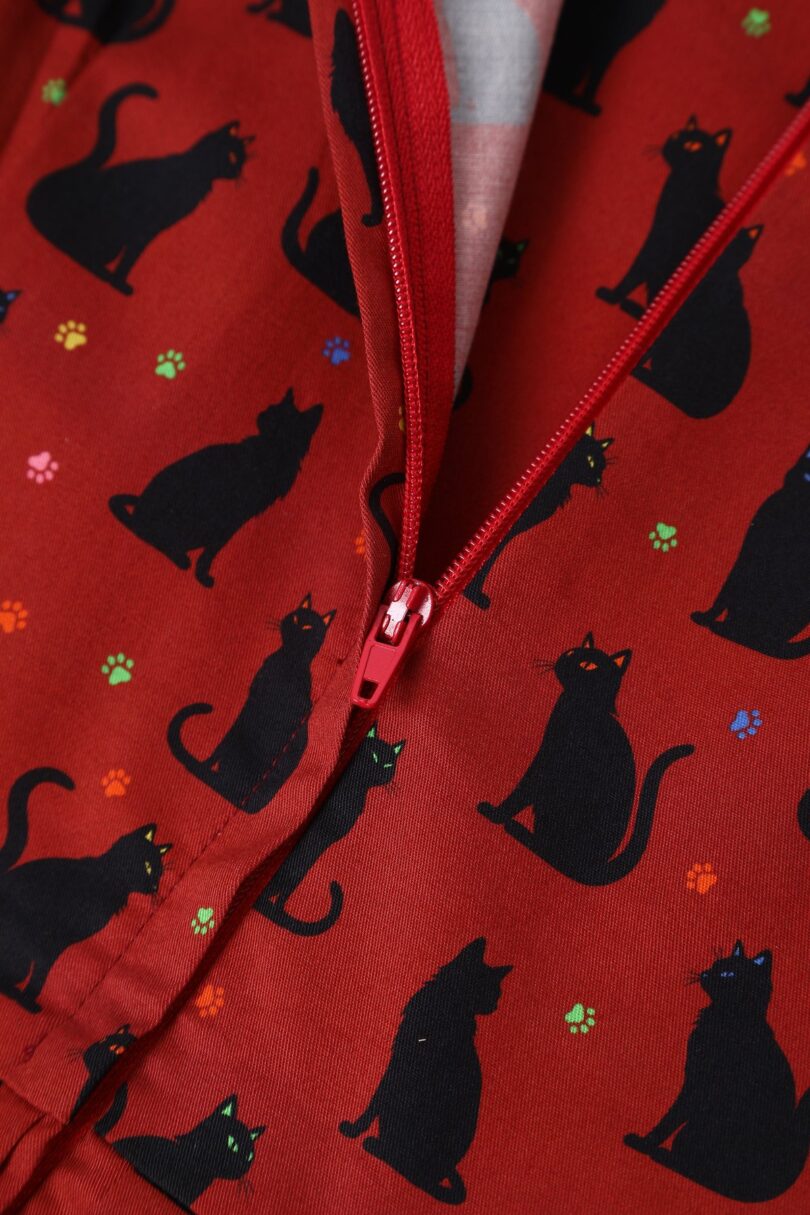 Amanda Vintage-Inspired Burgundy Cat Print Dress  Shop now at Kitty Darling