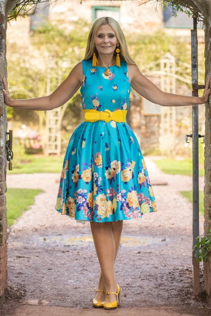 Annie Retro Raising Flowers Swing Dress in Turquoise  Shop now at Kitty Darling