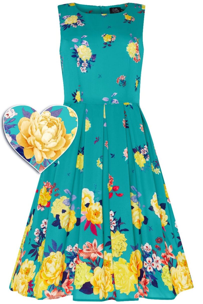 Annie Retro Raising Flowers Swing Dress in Turquoise  Shop now at Kitty Darling