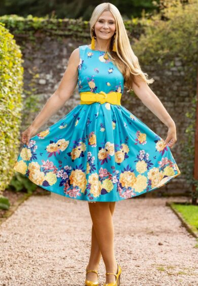 Annie Retro Raising Flowers Swing Dress in Turquoise – Dresses | Kitty Darling
