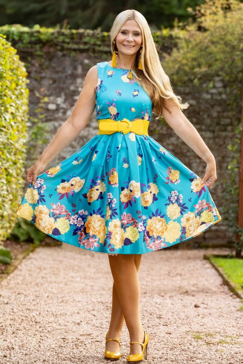 Annie Retro Raising Flowers Swing Dress in Turquoise  Shop now at Kitty Darling