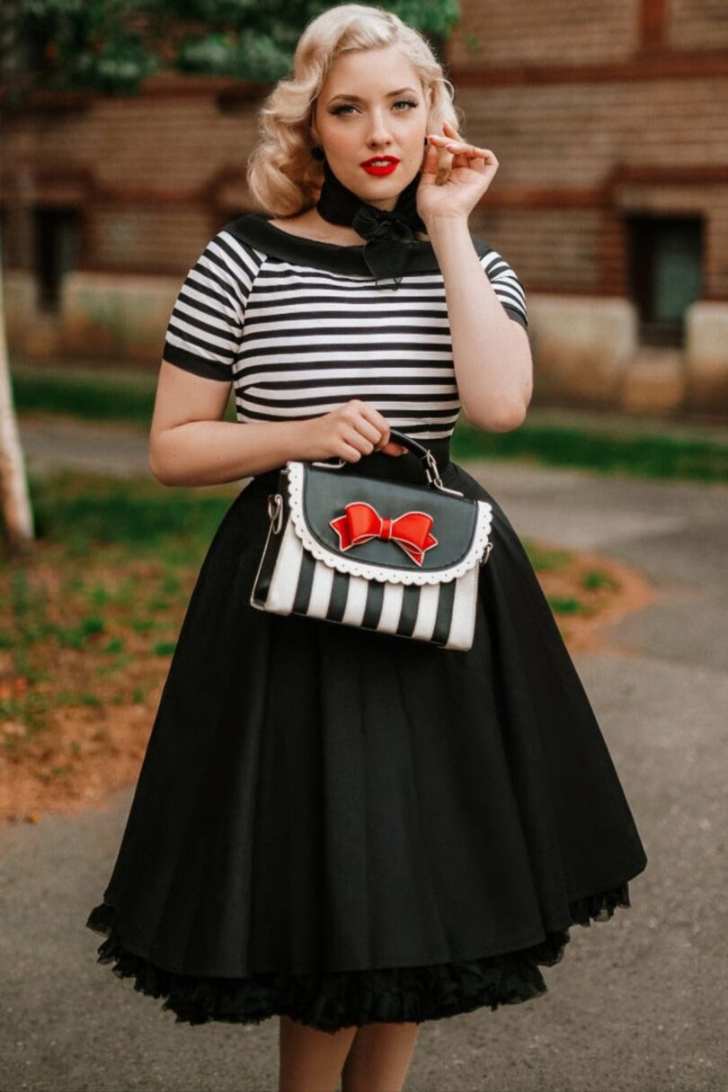 Darlene Mariner Striped Top Retro Swing Dress in Black/White  Shop now at Kitty Darling