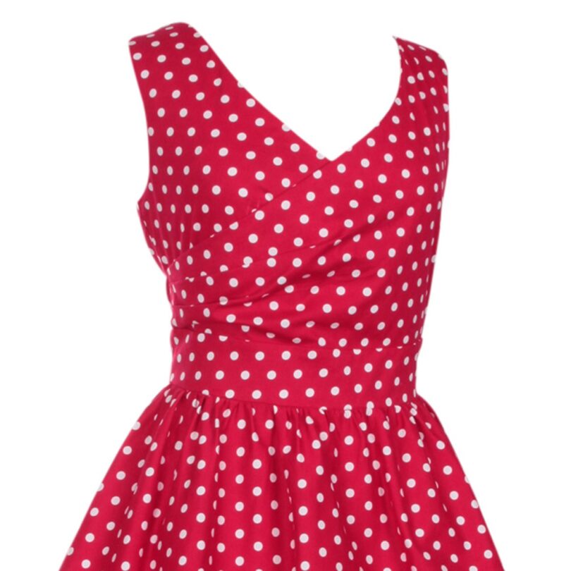 May V-neck 50s Style Swing Dress in Red Polka  Shop now at Kitty Darling