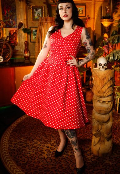 May V-neck 50s Style Swing Dress in Red Polka – Dresses | Kitty Darling