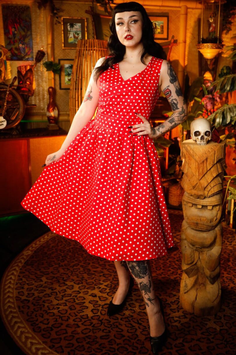 May V-neck 50s Style Swing Dress in Red Polka  Shop now at Kitty Darling