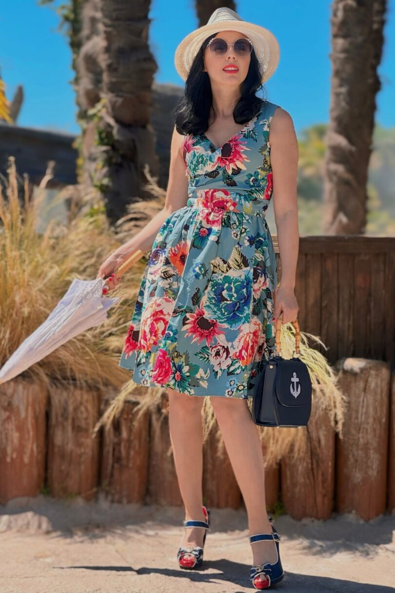 May V-neck Floral Swing Dress in Pale Blue  Shop now at Kitty Darling