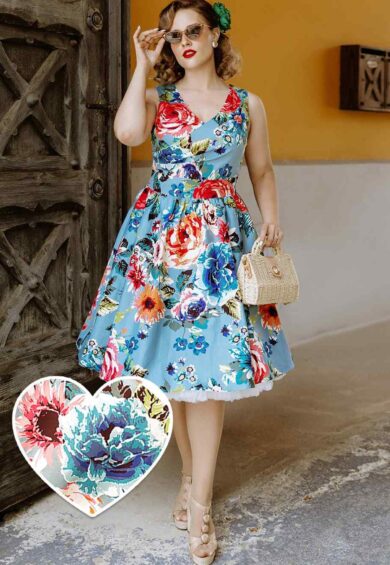 May V-neck Floral Swing Dress in Pale Blue – Dresses | Kitty Darling