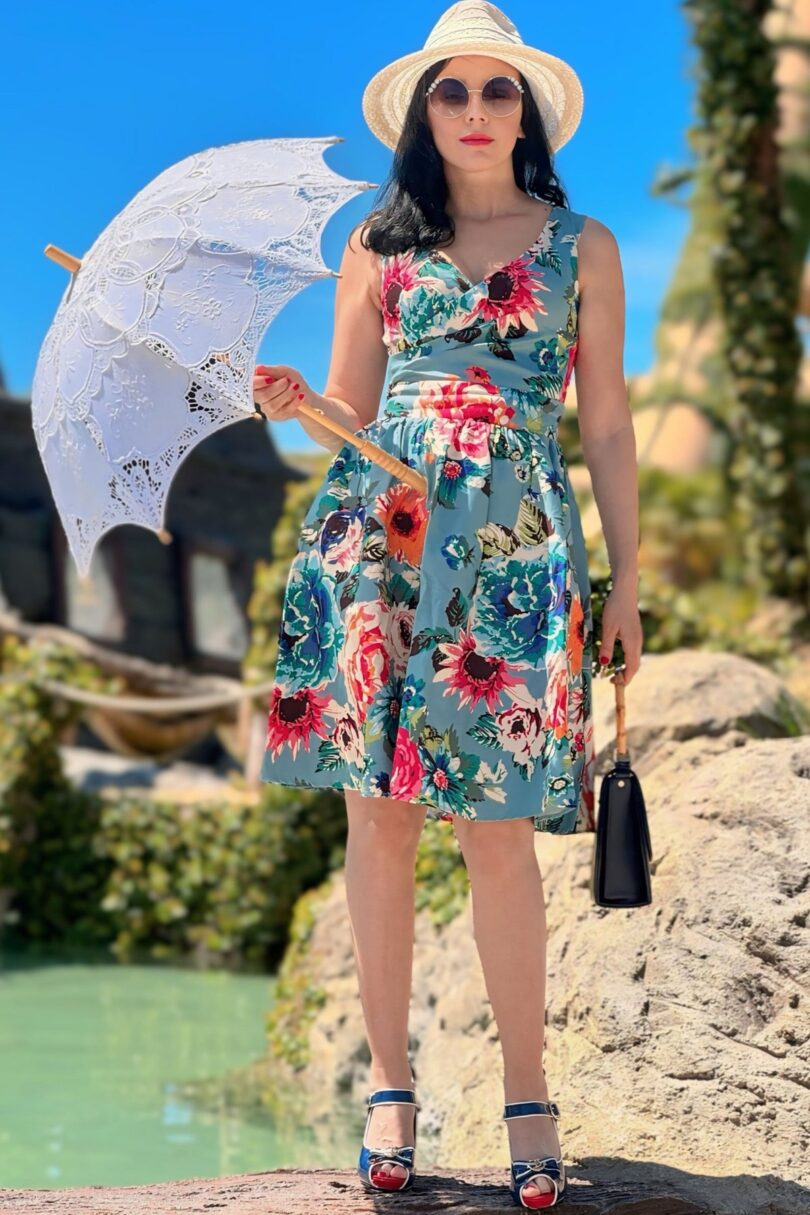 May V-neck Floral Swing Dress in Pale Blue  Shop now at Kitty Darling