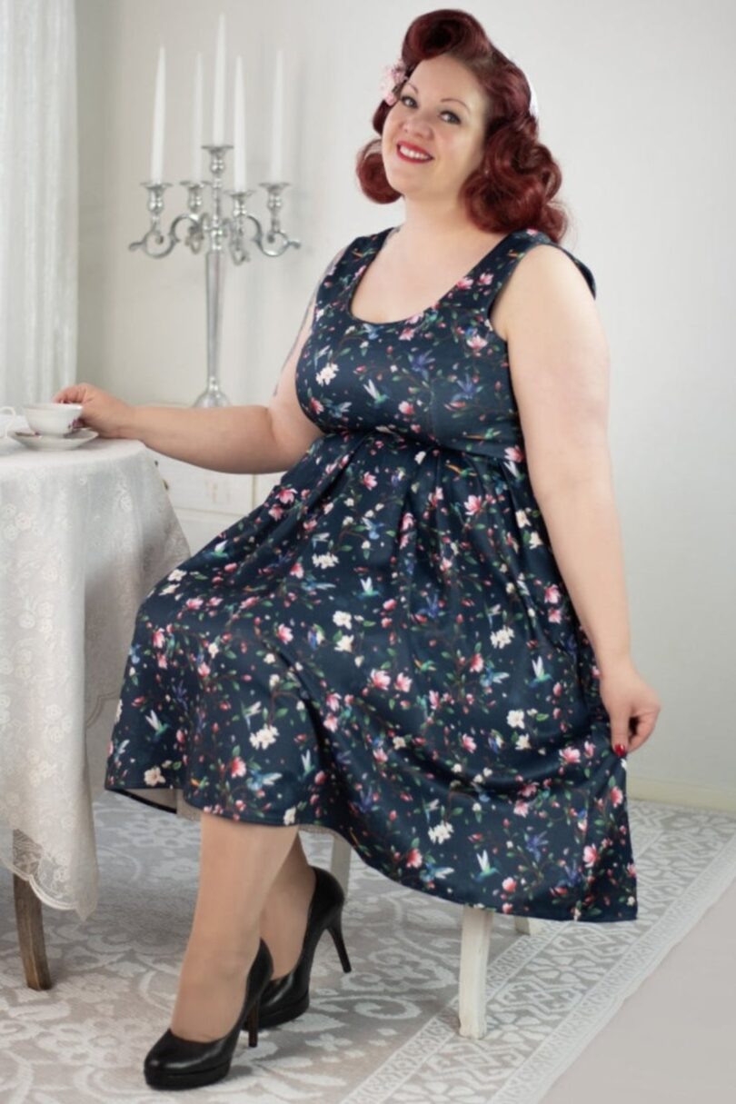 Amanda Swing Dress in Navy Blue Hummingbird Print  Shop now at Kitty Darling