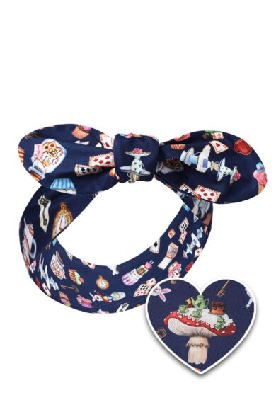 50's Inspired Quirky Headband in Navy Blue with Wonderland Print – Headbands | Kitty Darling