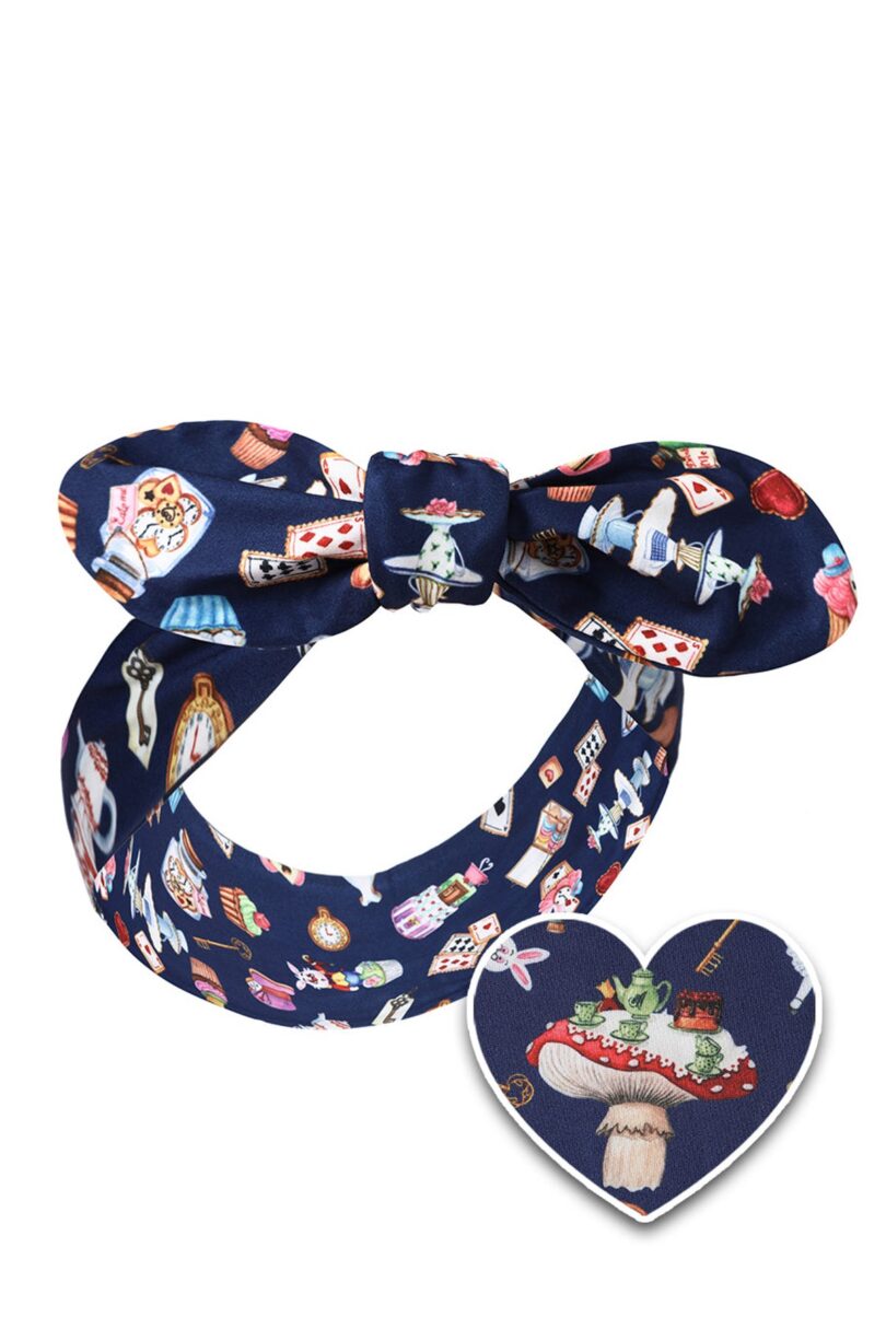 50's Inspired Quirky Headband in Navy Blue with Wonderland Print  Shop now at Kitty Darling