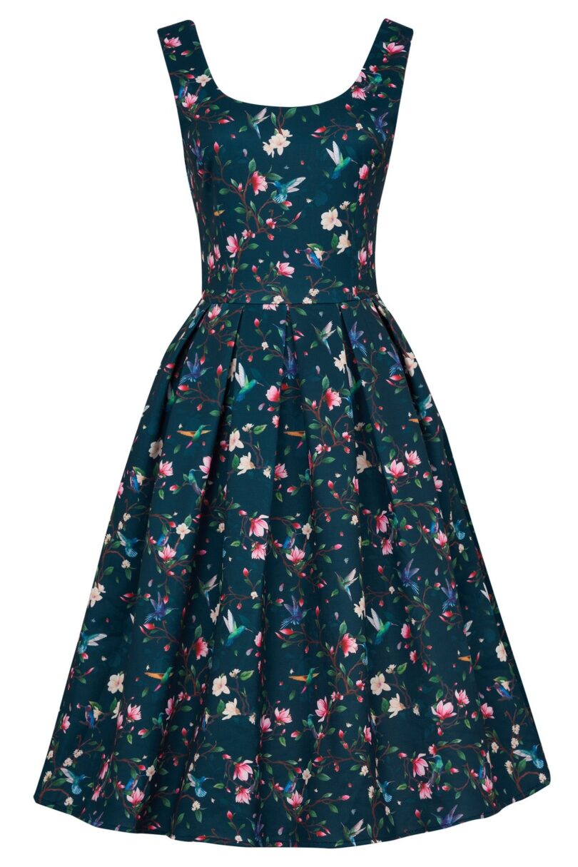 Amanda Swing Dress in Navy Blue Hummingbird Print  Shop now at Kitty Darling