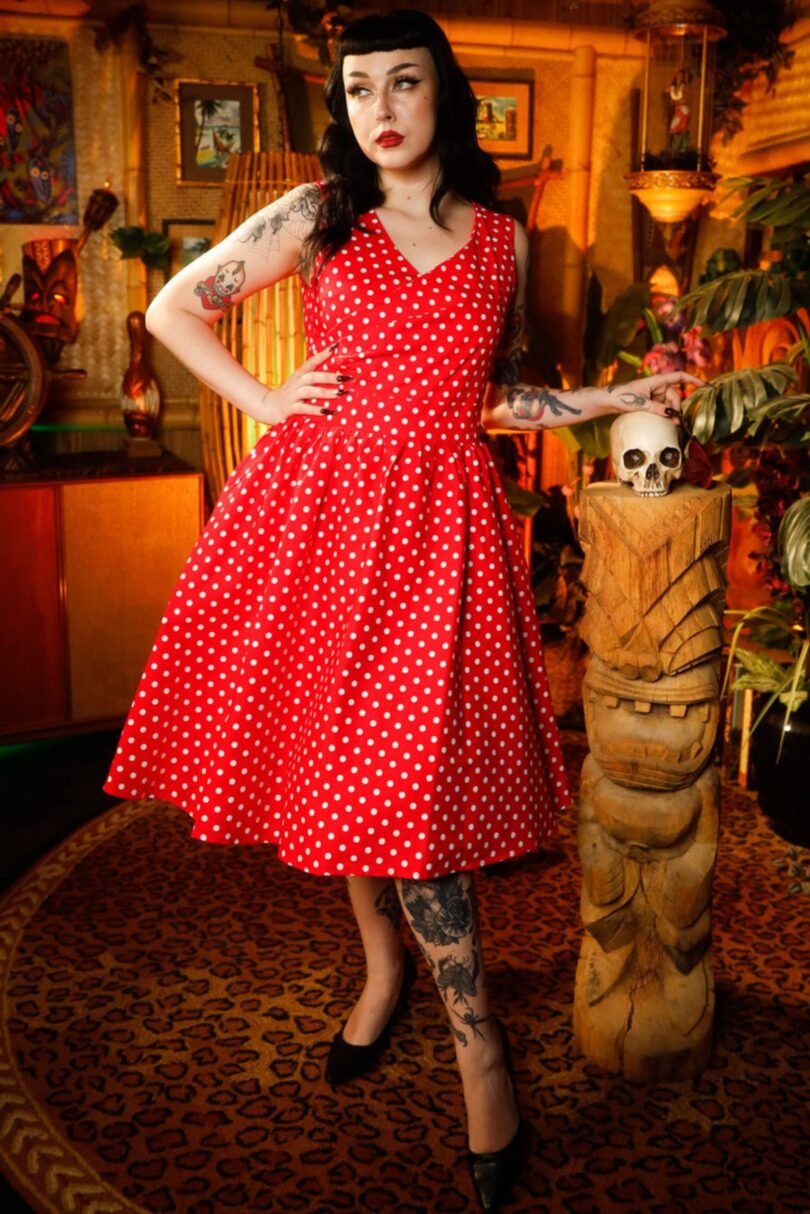 May V-neck 50s Style Swing Dress in Red Polka  Shop now at Kitty Darling