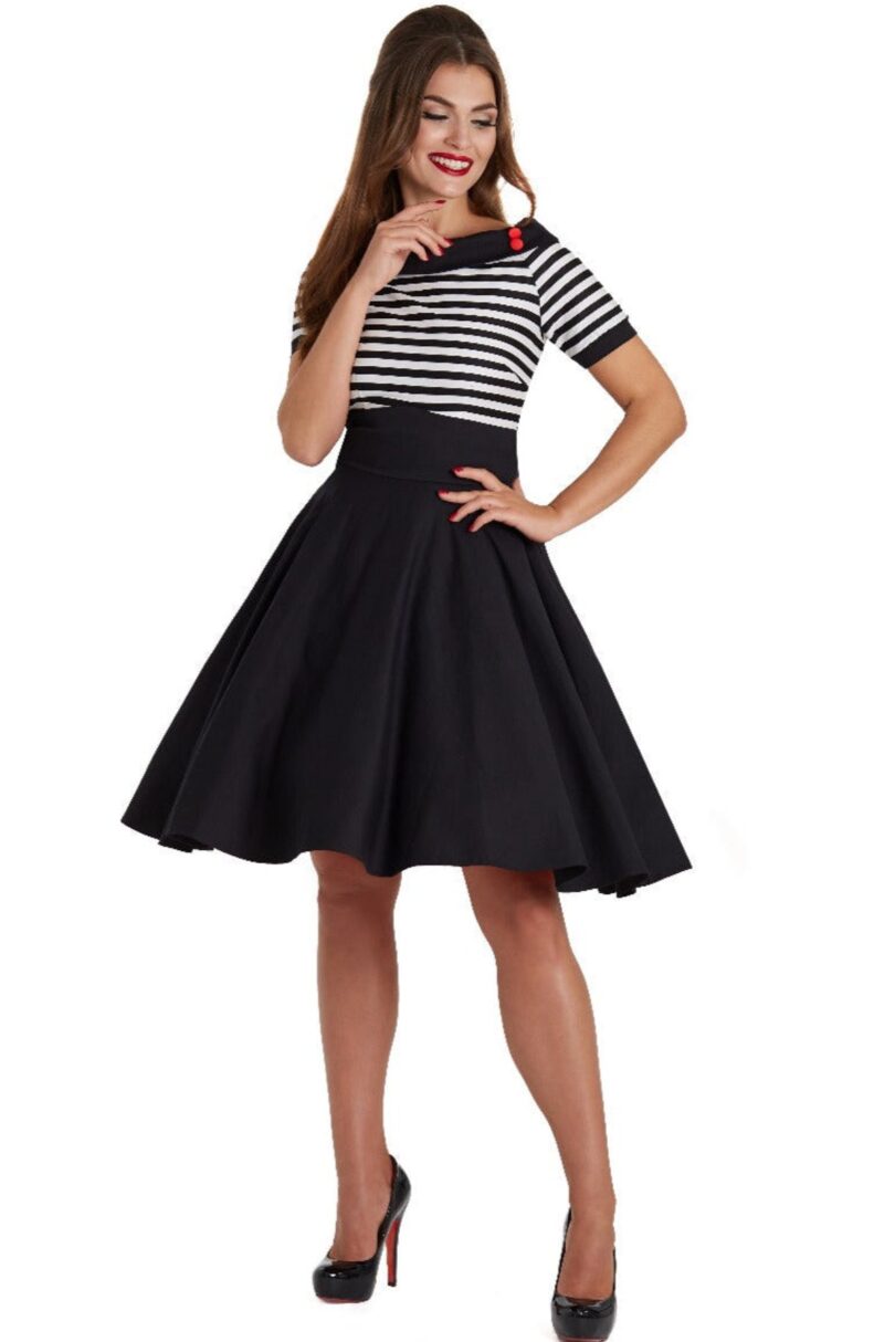 Darlene Mariner Striped Top Retro Swing Dress in Black/White  Shop now at Kitty Darling