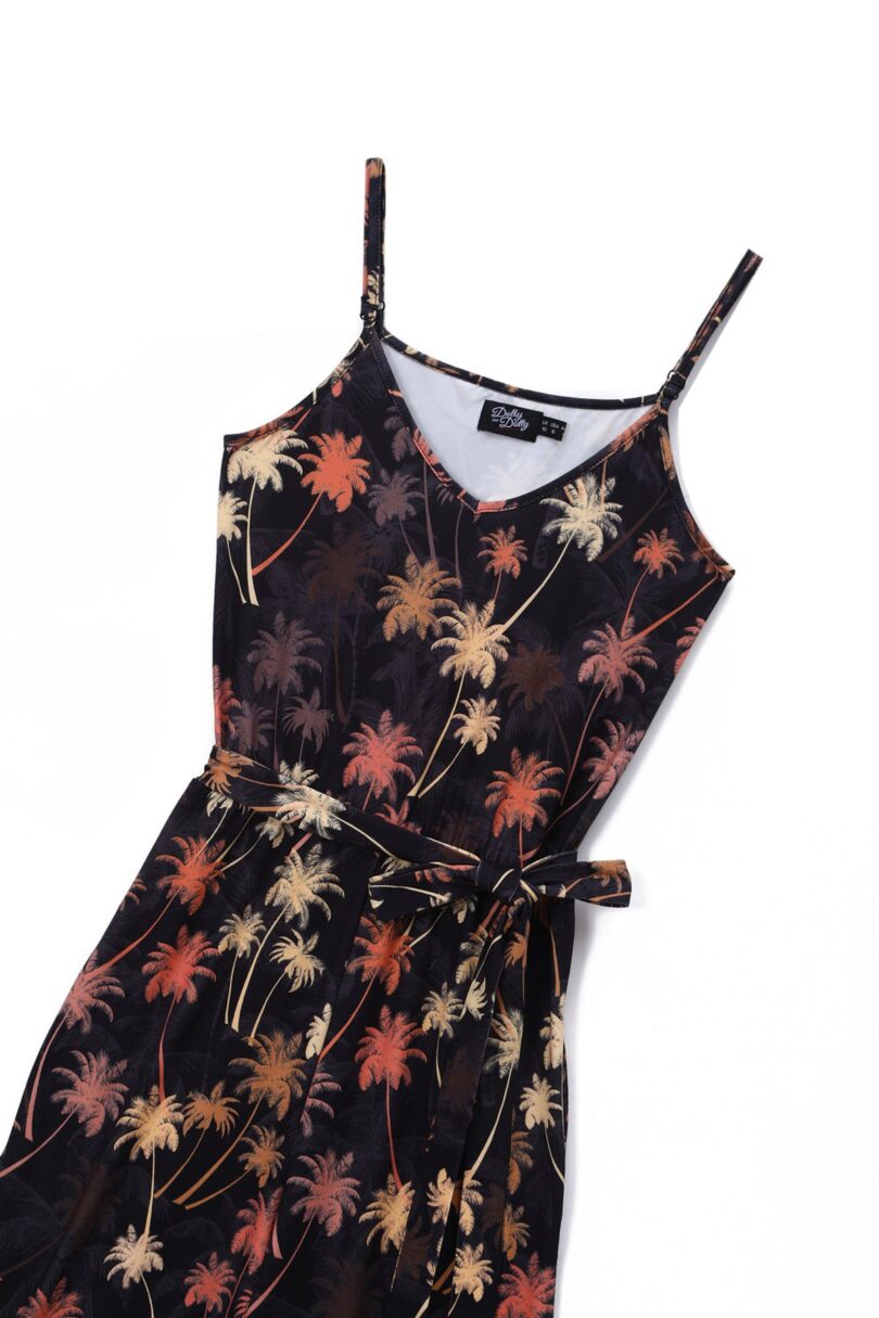 Brigitte Dark Brown Palm Trees Print Strappy Jumpsuit  Shop now at Kitty Darling