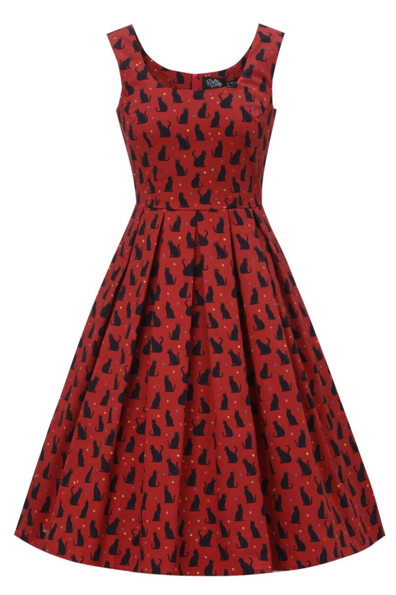 Amanda Vintage-Inspired Burgundy Cat Print Dress  Shop now at Kitty Darling