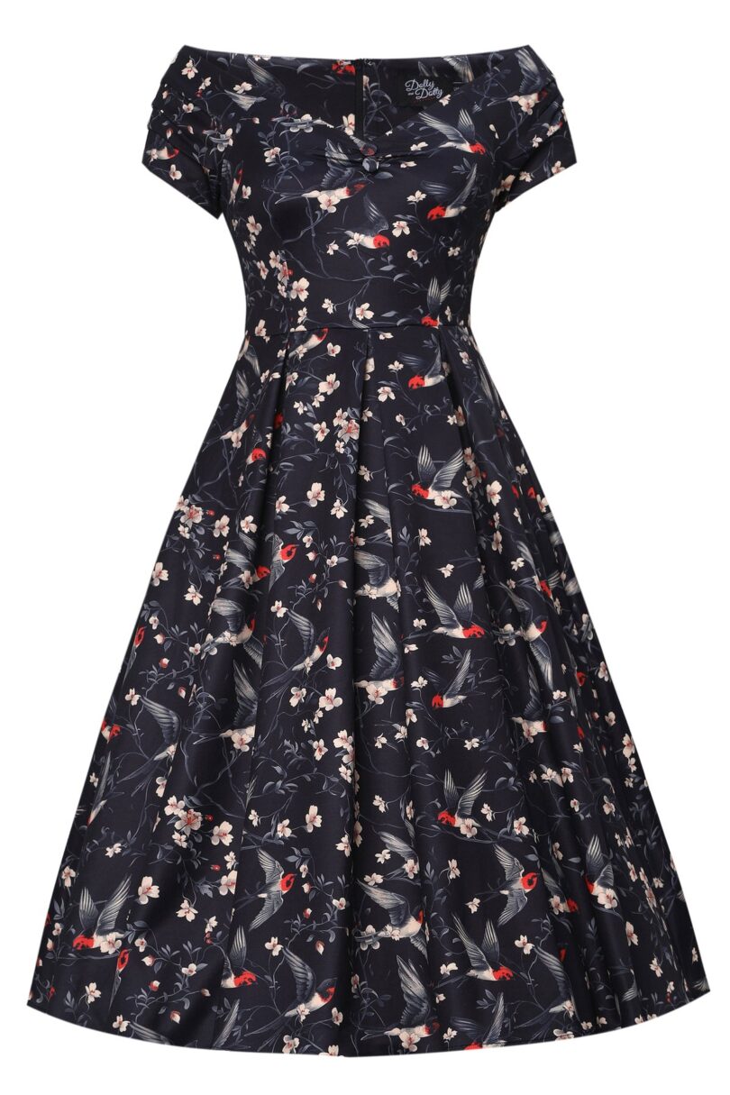 Lily Black Off Shoulder Swallow Print Dress  Shop now at Kitty Darling