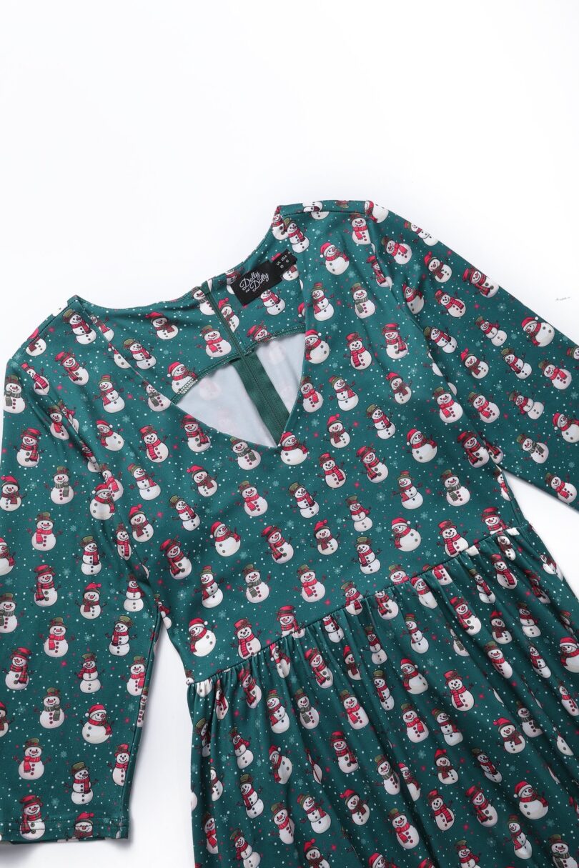 Billie Dark Green V-neckline Snowman Print Long-Sleeved Dress  Shop now at Kitty Darling