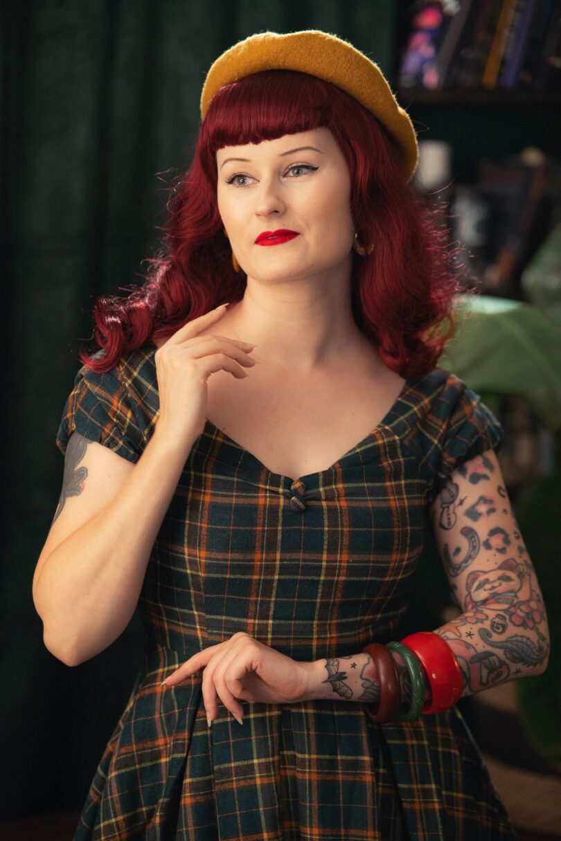 Lily Off Shoulder Green Tartan Check Circle Dress  Shop now at Kitty Darling