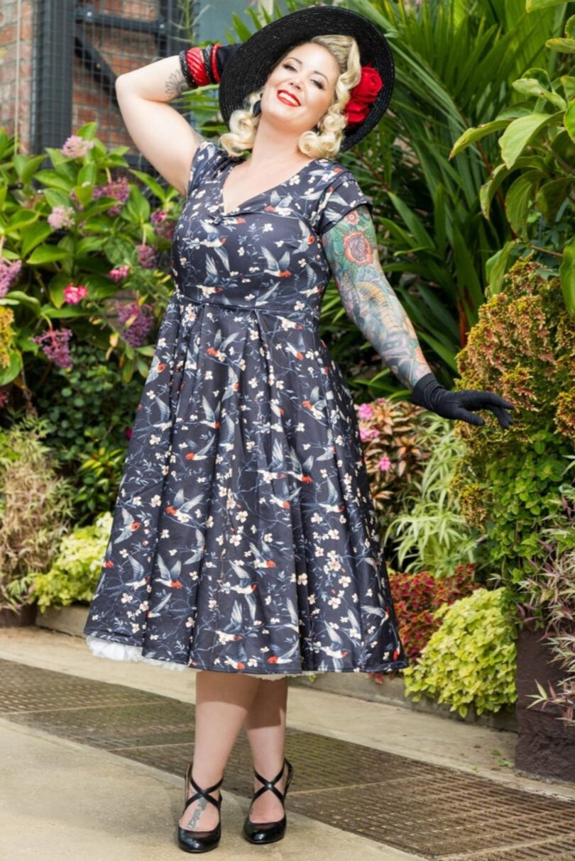 Lily Black Off Shoulder Swallow Print Dress  Shop now at Kitty Darling
