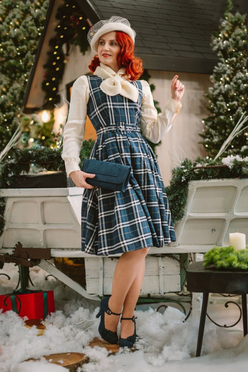Annie Retro Check Swing Dress in Navy Blue  Shop now at Kitty Darling