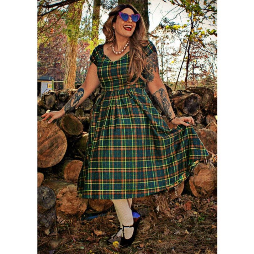 Lily Off Shoulder Green Tartan Check Circle Dress  Shop now at Kitty Darling