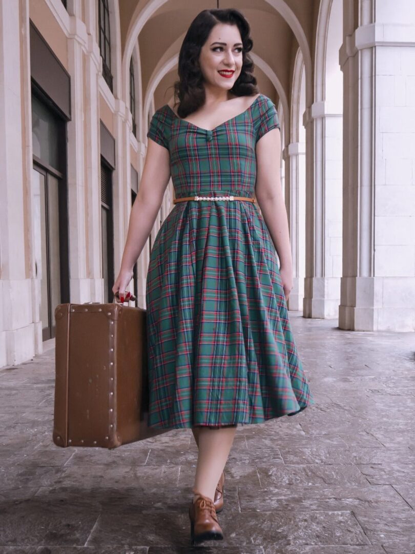 Lily Green Tartan Off Shoulder Swing Dress  Shop now at Kitty Darling