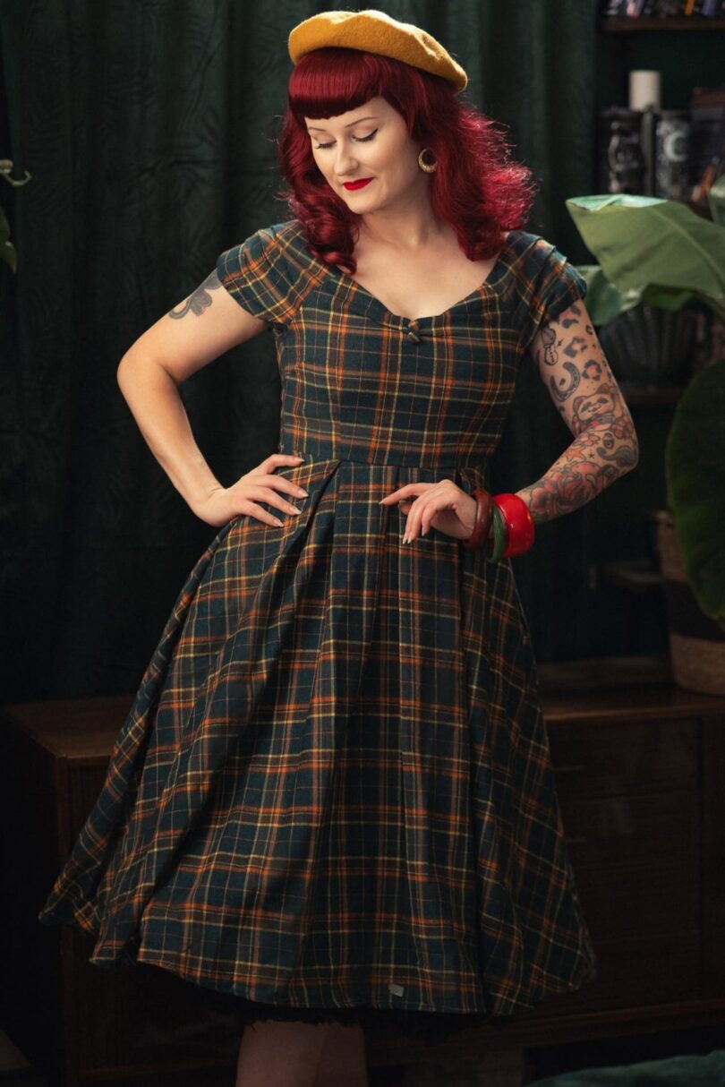 Lily Off Shoulder Green Tartan Check Circle Dress  Shop now at Kitty Darling