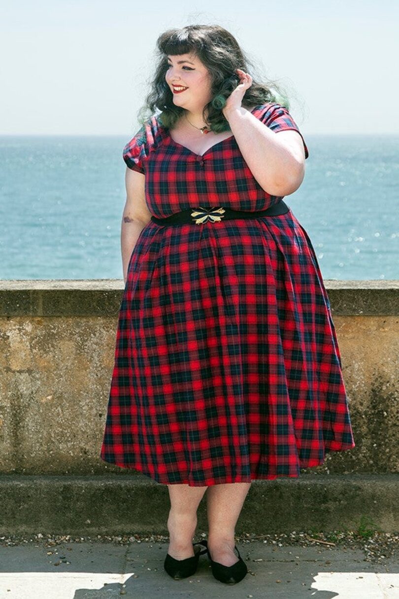 Lily Off Shoulder Swing Dress in Red Tartan  Shop now at Kitty Darling