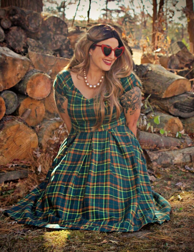 Lily Off Shoulder Green Tartan Check Circle Dress  Shop now at Kitty Darling
