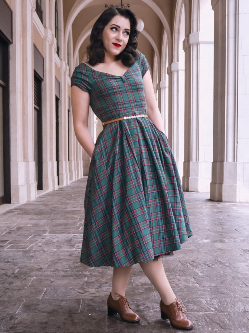 Lily Green Tartan Off Shoulder Swing Dress  Shop now at Kitty Darling