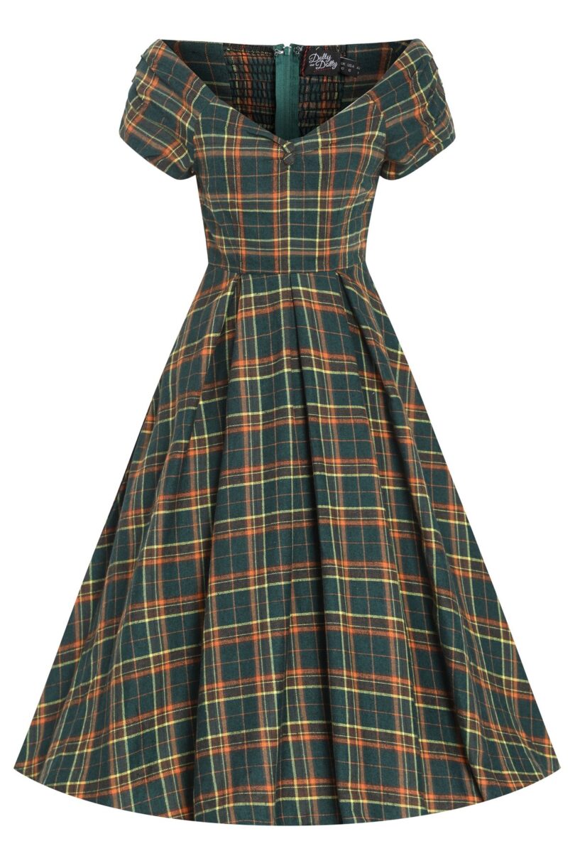 Lily Off Shoulder Green Tartan Check Circle Dress  Shop now at Kitty Darling