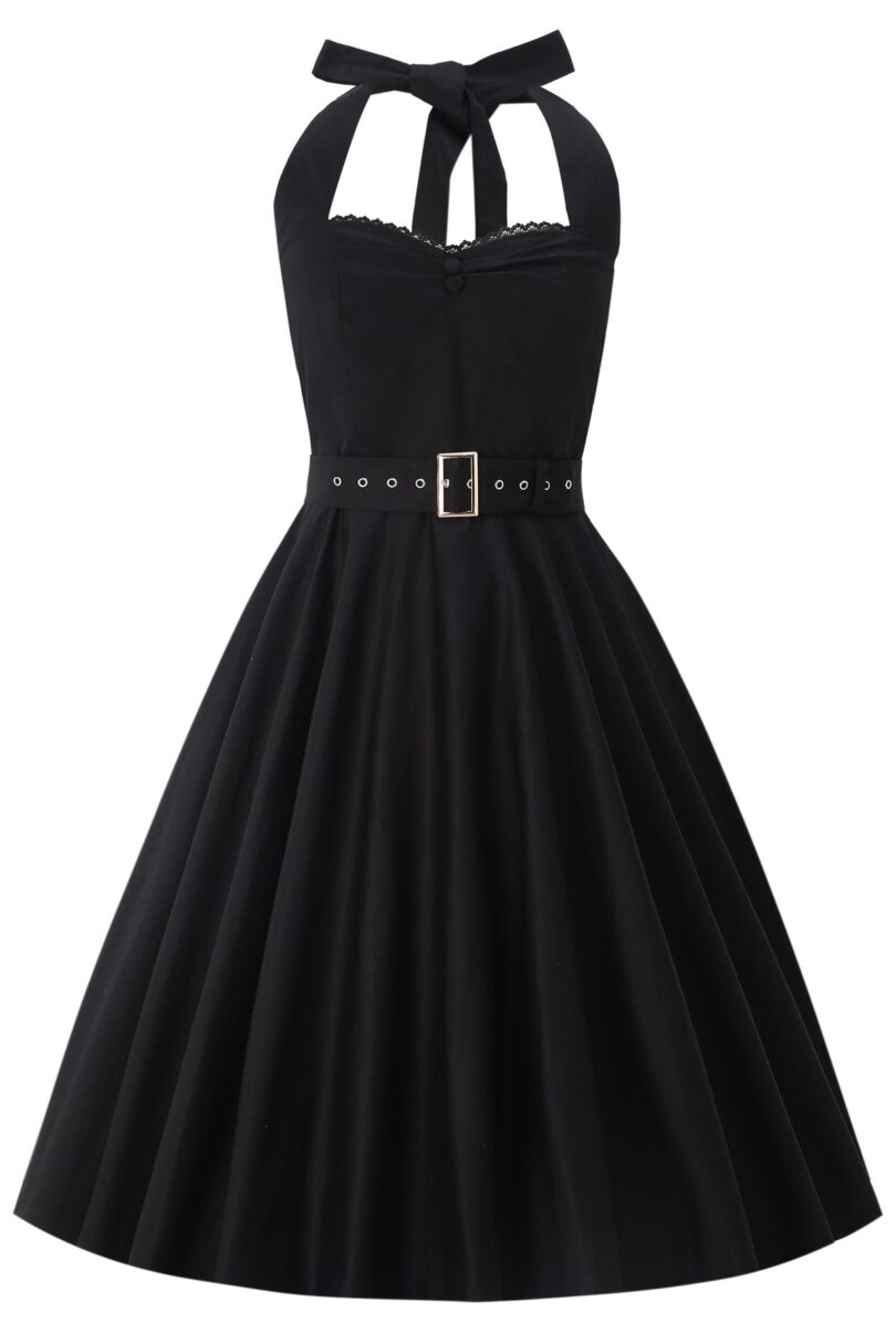 Daisy Vintage Charm Black Halter Dress with Belt  Shop now at Kitty Darling