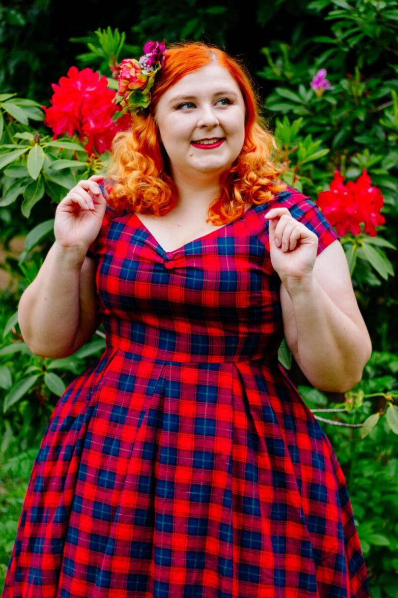 Lily Off Shoulder Swing Dress in Red Tartan  Shop now at Kitty Darling