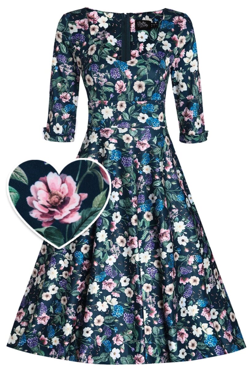Scarlette Long Sleeves Stretchy Dress in Navy Blue Floral Print  Shop now at Kitty Darling