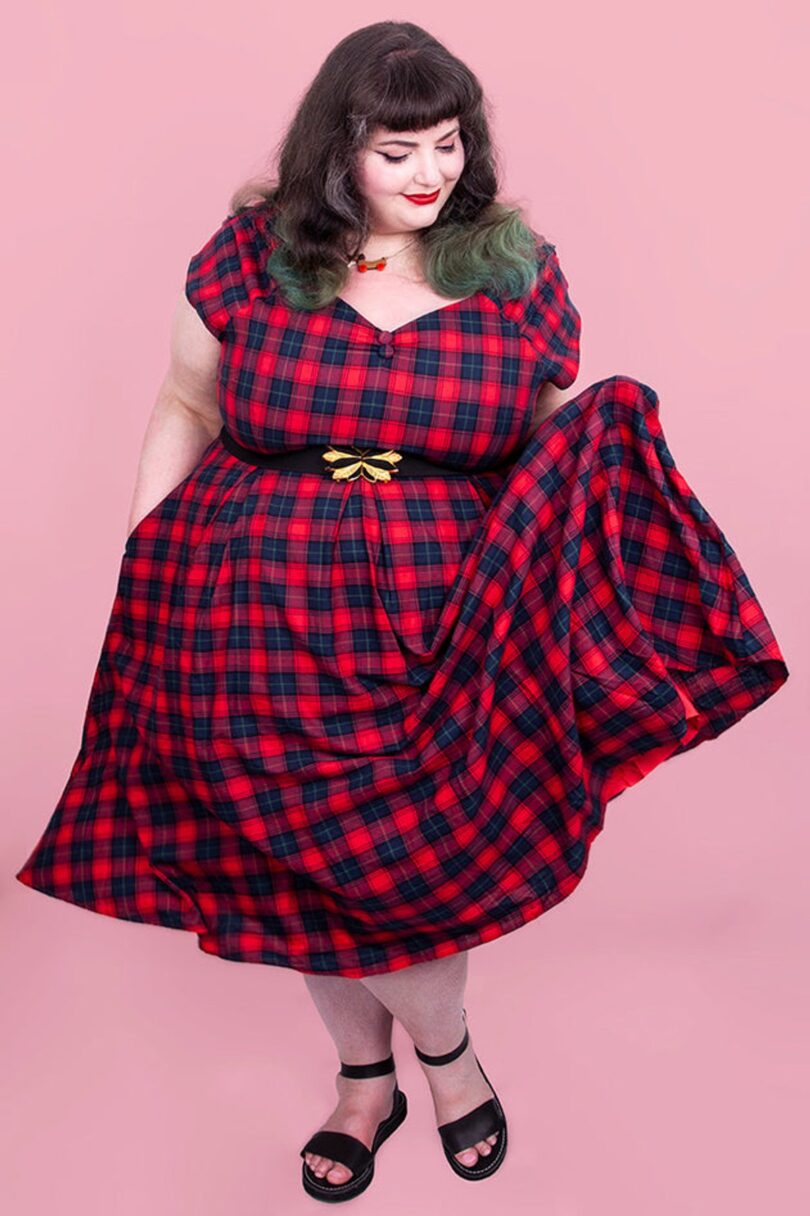 Lily Off Shoulder Swing Dress in Red Tartan  Shop now at Kitty Darling