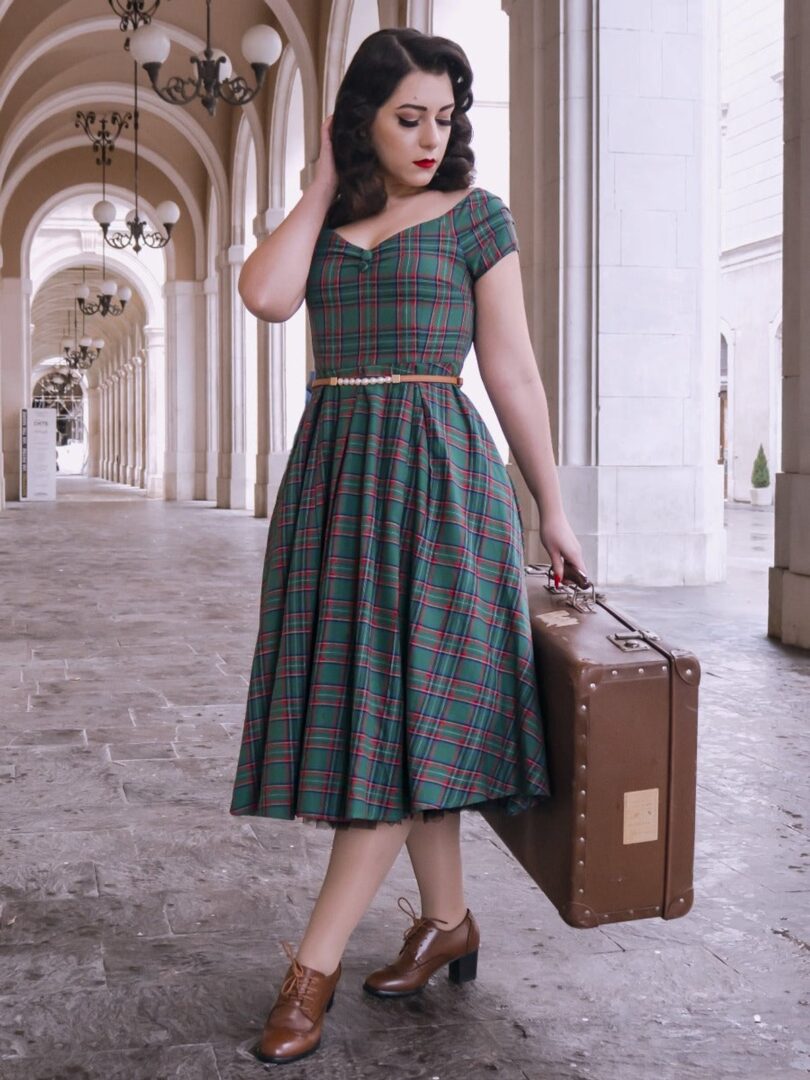 Lily Green Tartan Off Shoulder Swing Dress  Shop now at Kitty Darling