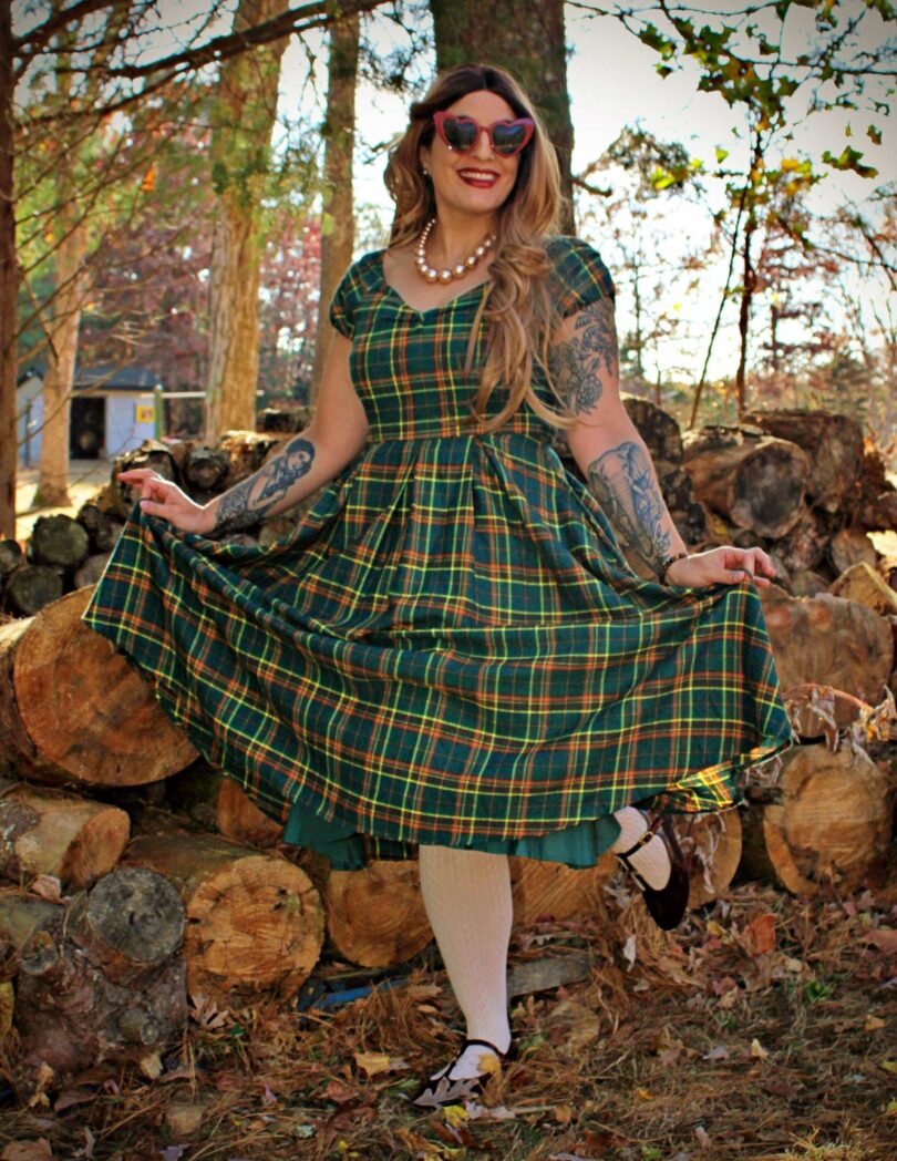 Lily Off Shoulder Green Tartan Check Circle Dress  Shop now at Kitty Darling