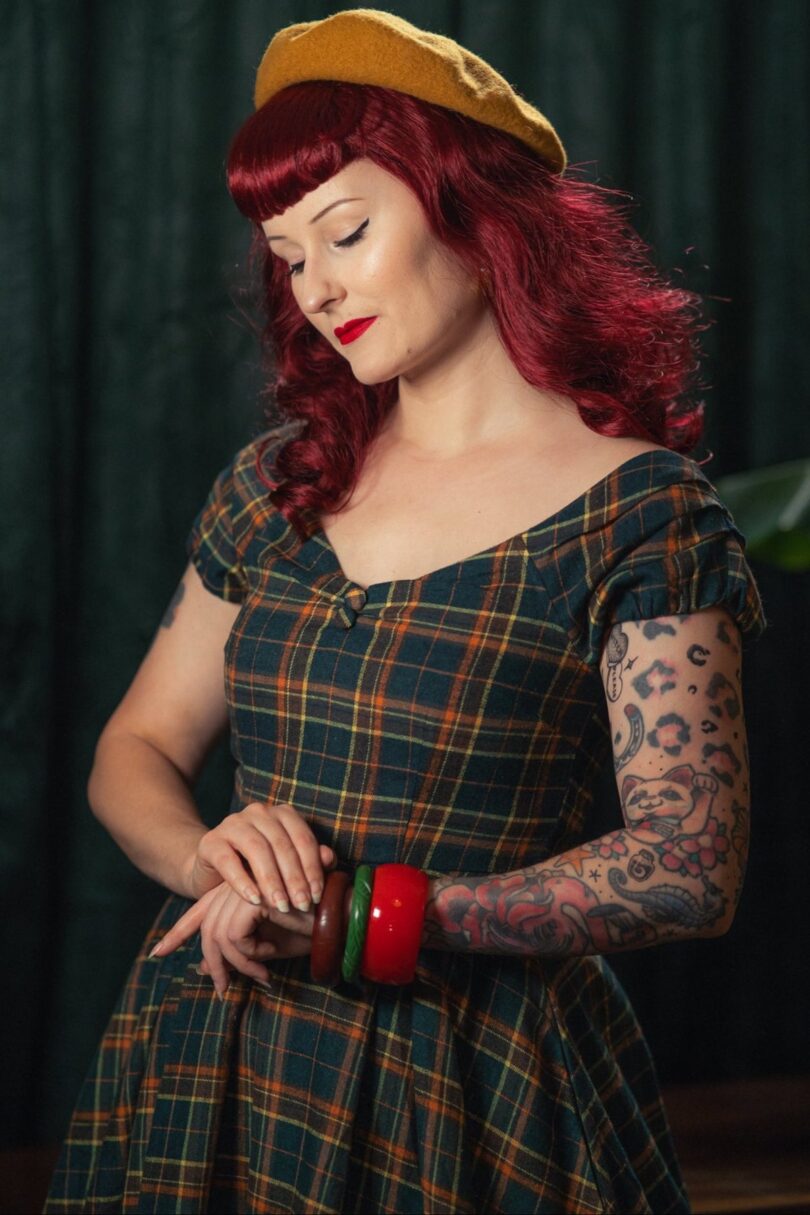 Lily Off Shoulder Green Tartan Check Circle Dress  Shop now at Kitty Darling