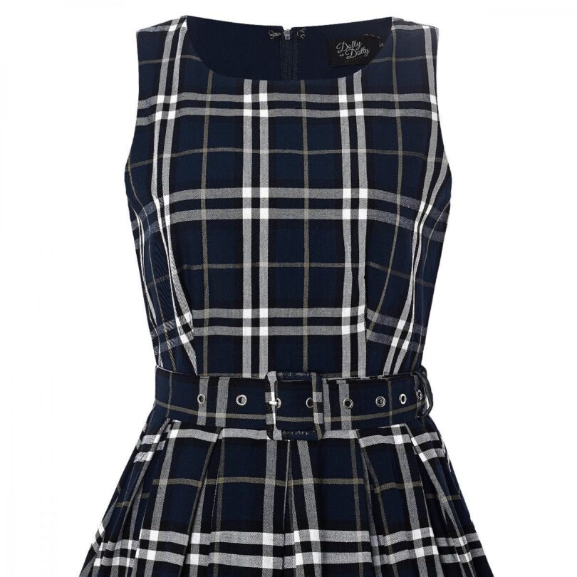 Annie Retro Check Swing Dress in Navy Blue  Shop now at Kitty Darling