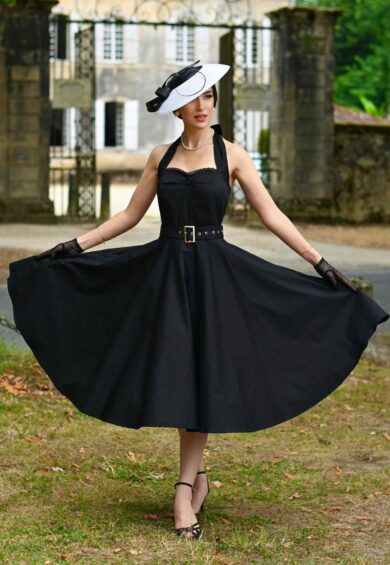 Daisy Vintage Charm Black Halter Dress with Belt – Dresses | Kitty Darling