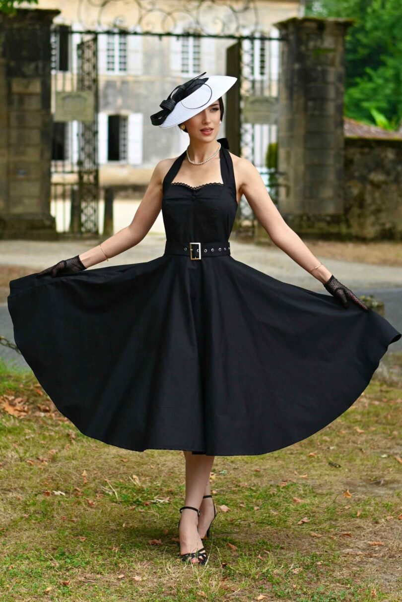 Daisy Vintage Charm Black Halter Dress with Belt  Shop now at Kitty Darling