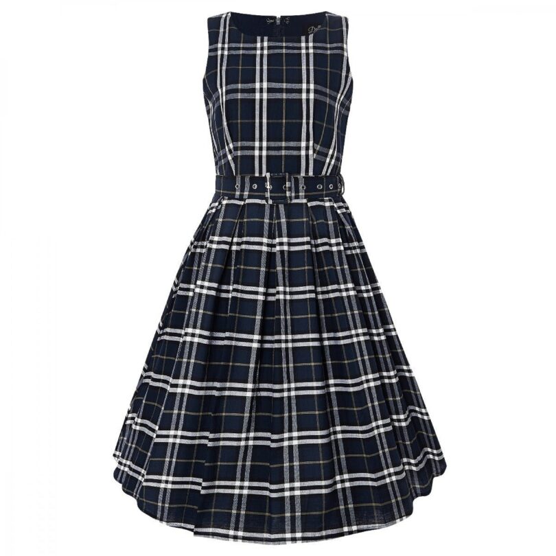 Annie Retro Check Swing Dress in Navy Blue  Shop now at Kitty Darling