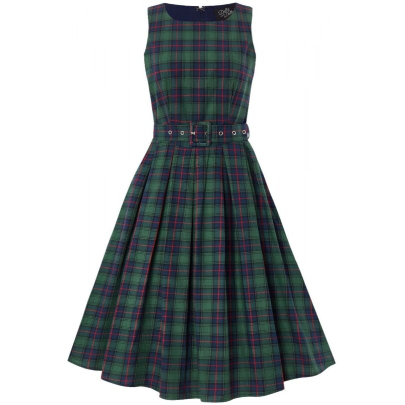Annie Retro Check Swing Dress in Dark Green  Shop now at Kitty Darling