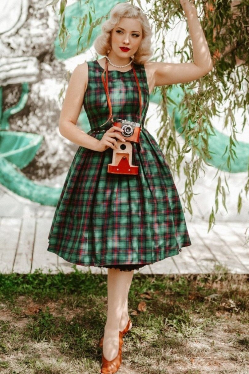 Annie Retro Check Swing Dress in Dark Green  Shop now at Kitty Darling