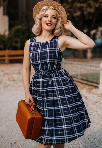 Annie Retro Check Swing Dress in Navy Blue – Dresses | Kitty Darling