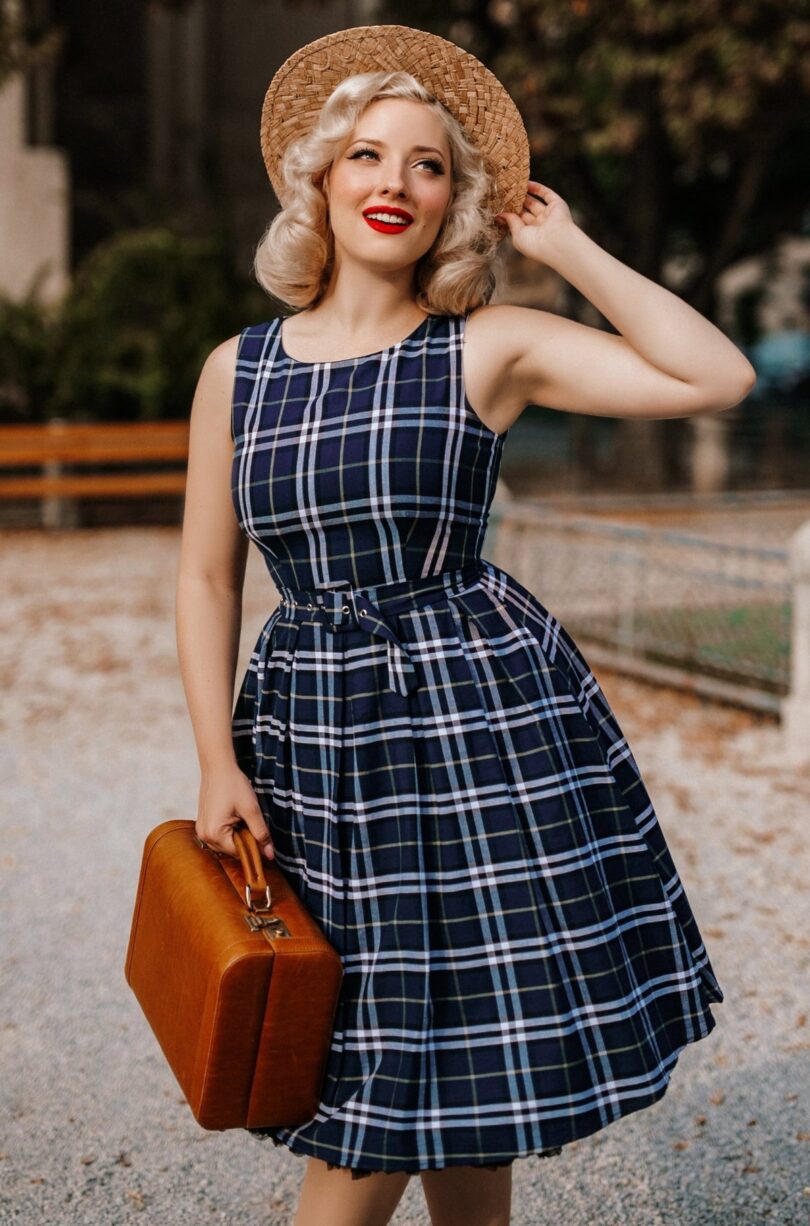 Annie Retro Check Swing Dress in Navy Blue  Shop now at Kitty Darling