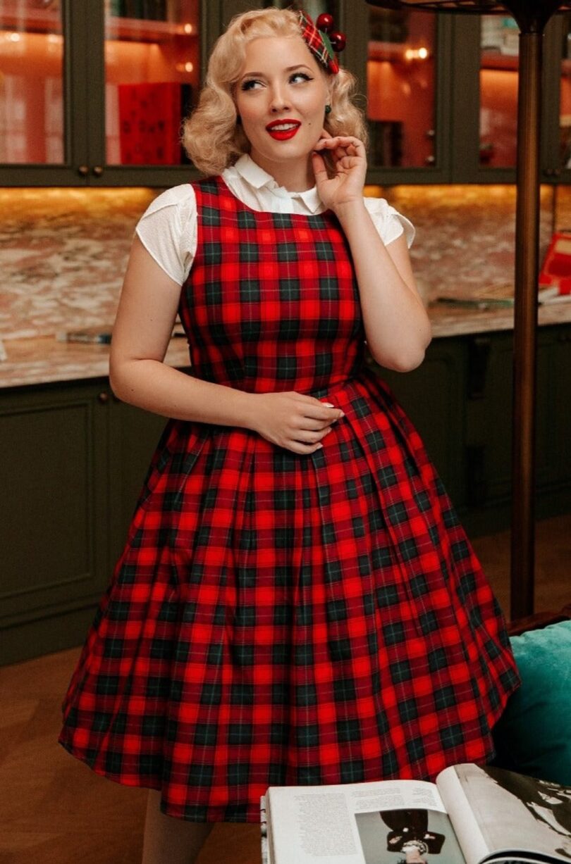 Annie Retro Check Swing Dress in Red/Blue  Shop now at Kitty Darling